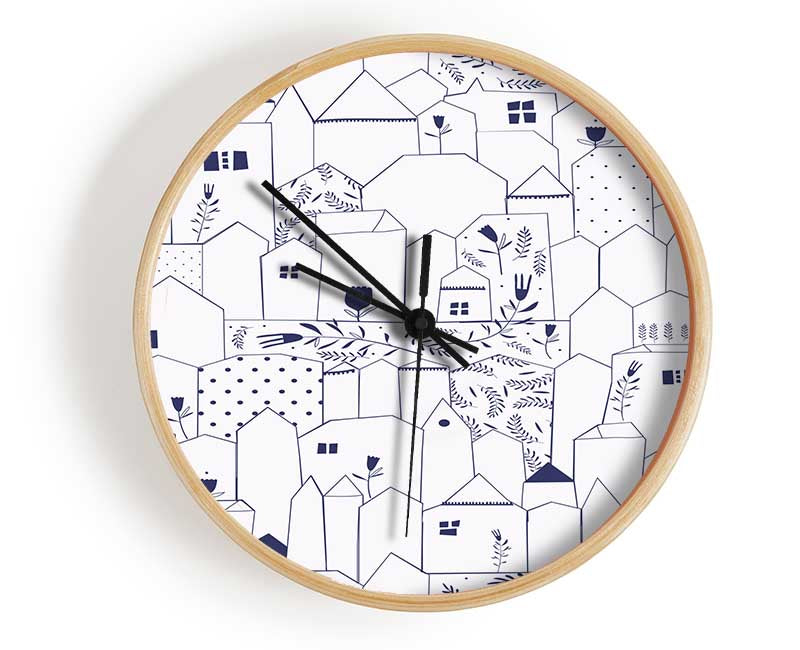 Simple Drawn Town Houses Clock - Wallart-Direct UK