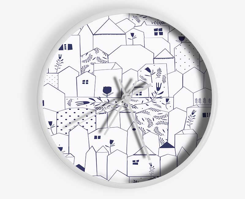 Simple Drawn Town Houses Clock - Wallart-Direct UK