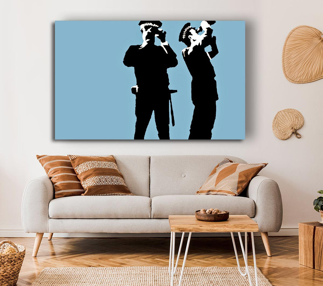 A Canvas Print of Banksy Searching Constables Blue Canvas Wall Art