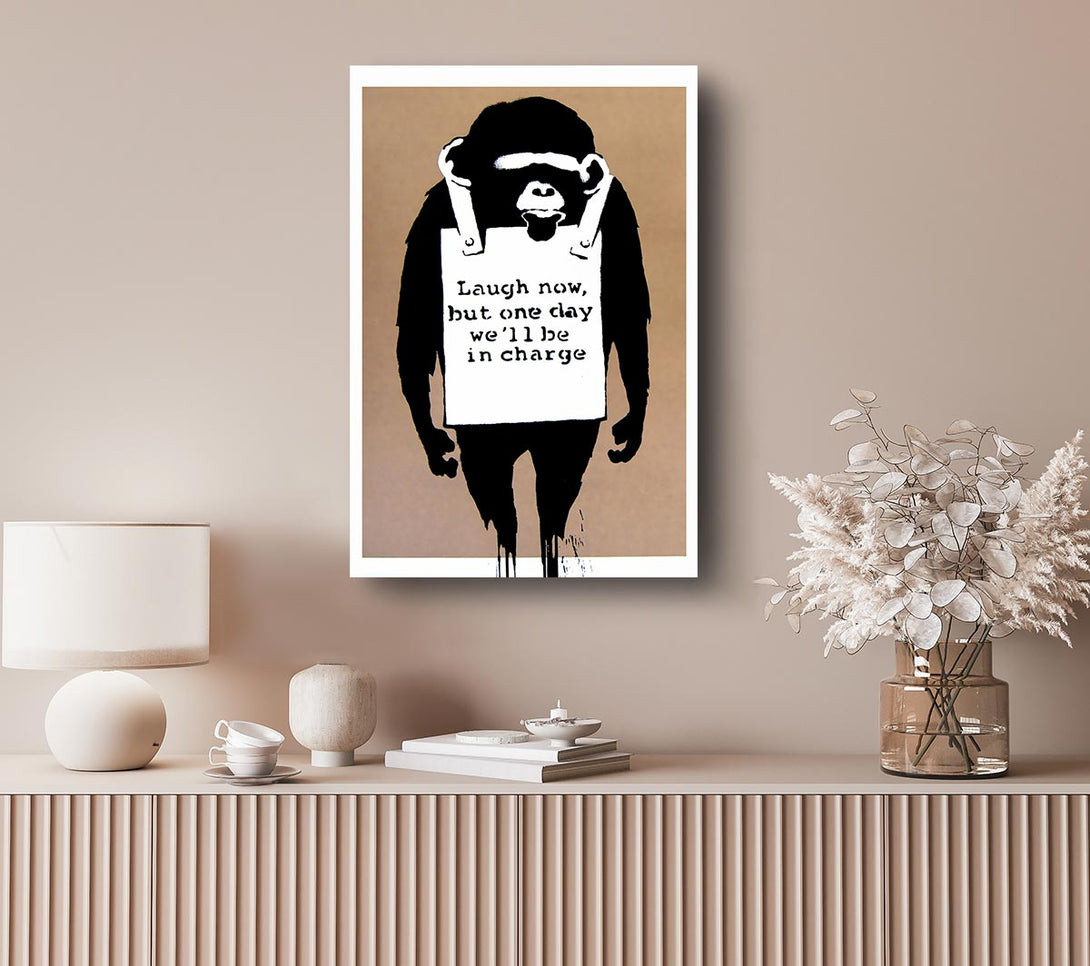  A Canvas Print of Banksy Laugh Now Monkey Beige Canvas Art