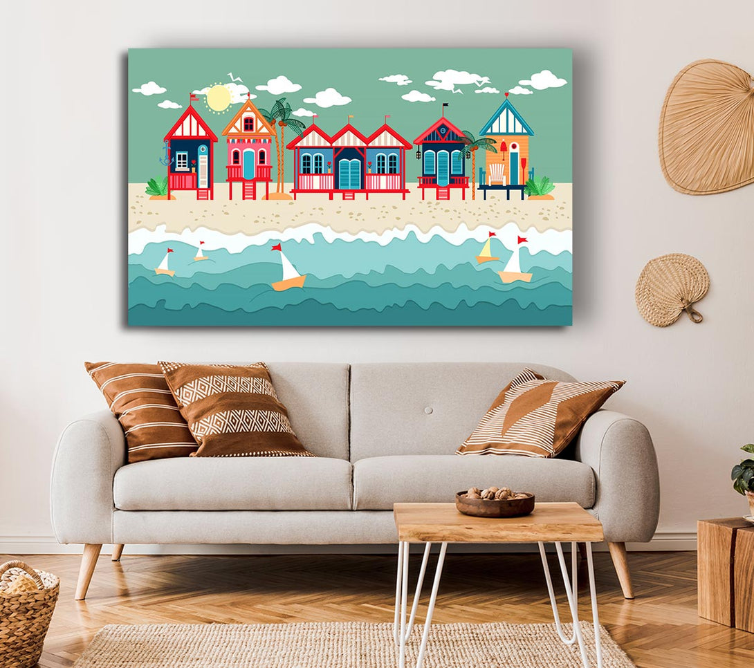  A Canvas Print of Beach Huts And Sailboats Canvas Wall Art