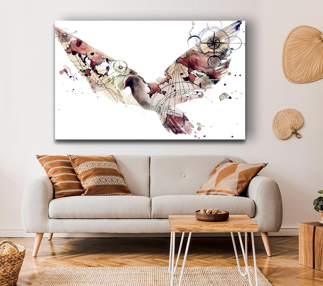  A Canvas Print of Dove in flight watercolour maps Canvas Art