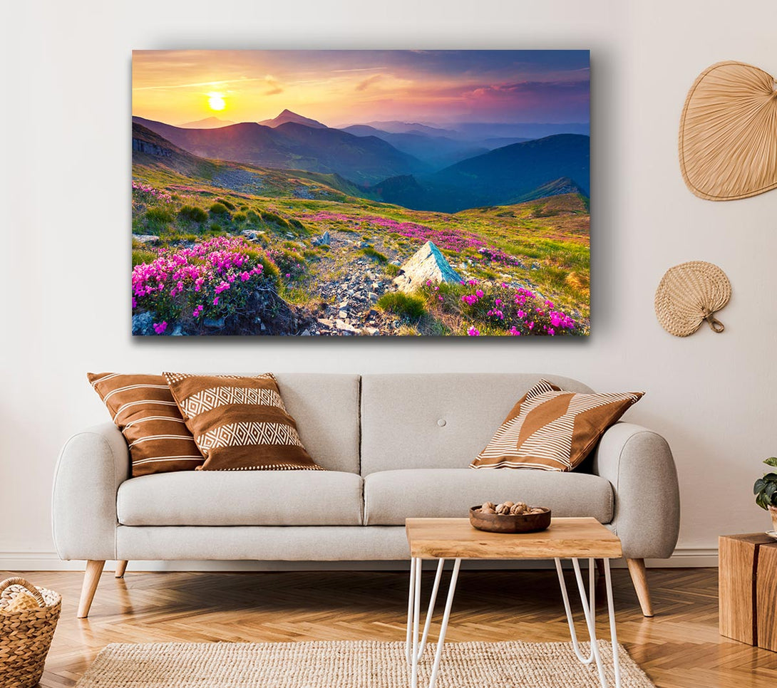  A Canvas Print of Beautiful mountain range and flowers Canvas Art