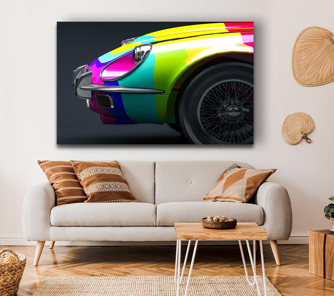  A Canvas Print of E type Jaguar rainbow stripes Canvas Wall Art