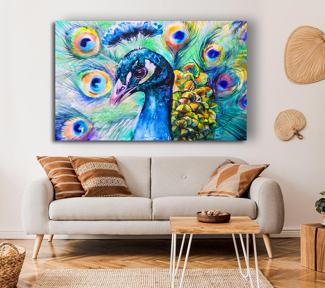  A Canvas Print of Vibrant Watercolour Peacock Canvas Print