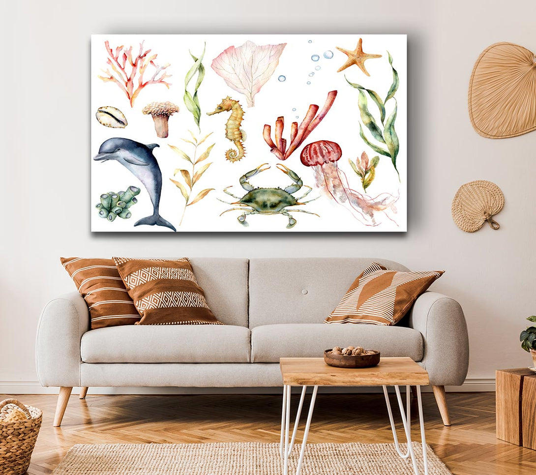  A Canvas Print of Water Colour Sea Creatures Canvas Wall Art