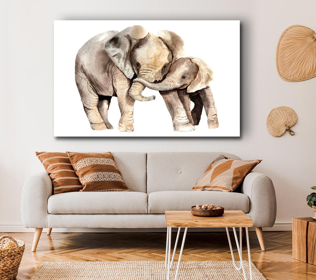  A Canvas Print of Elephants Holding Trunks Canvas Print