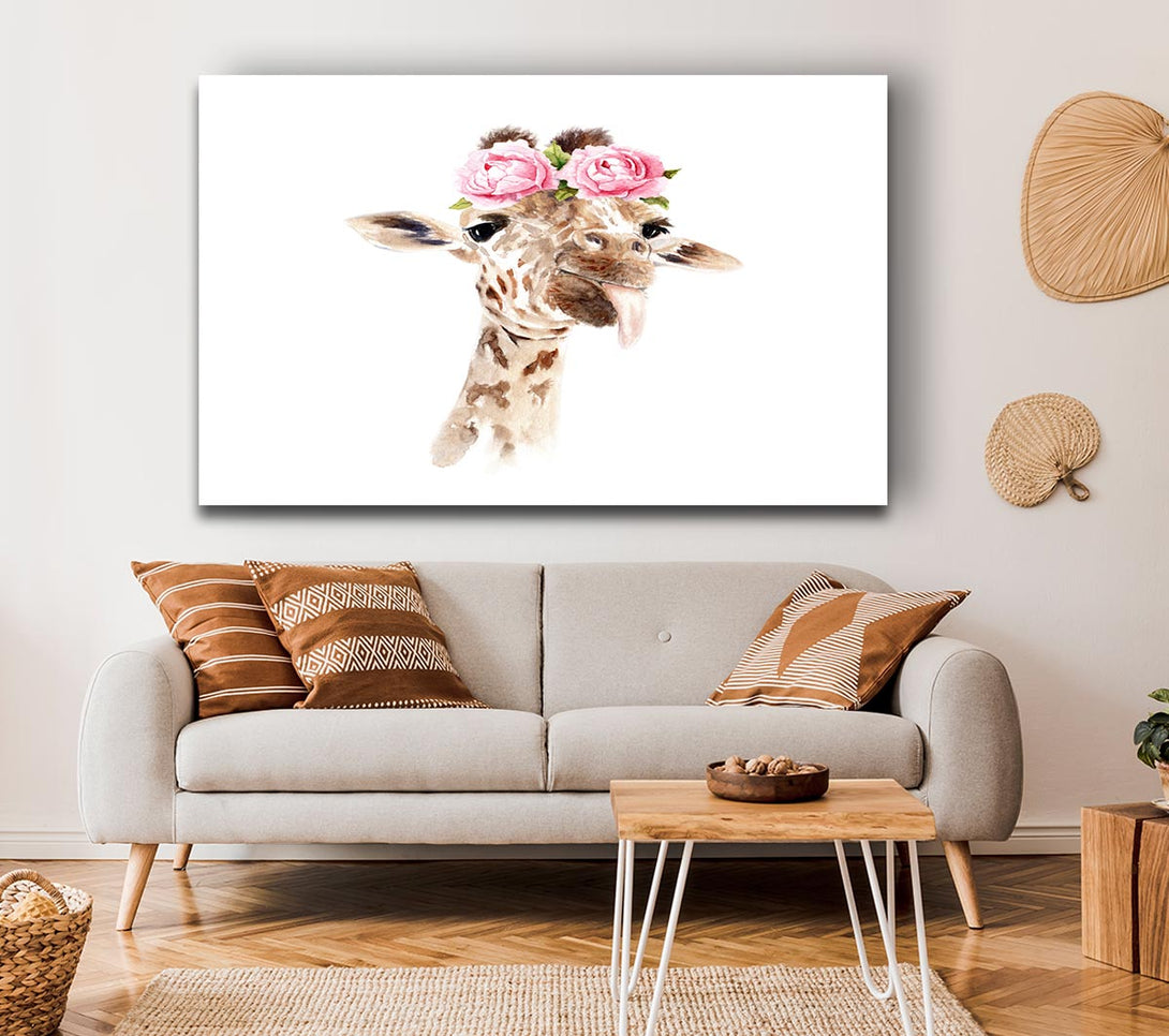  A Canvas Print of Roses On A Giraffe'S Head Canvas Print