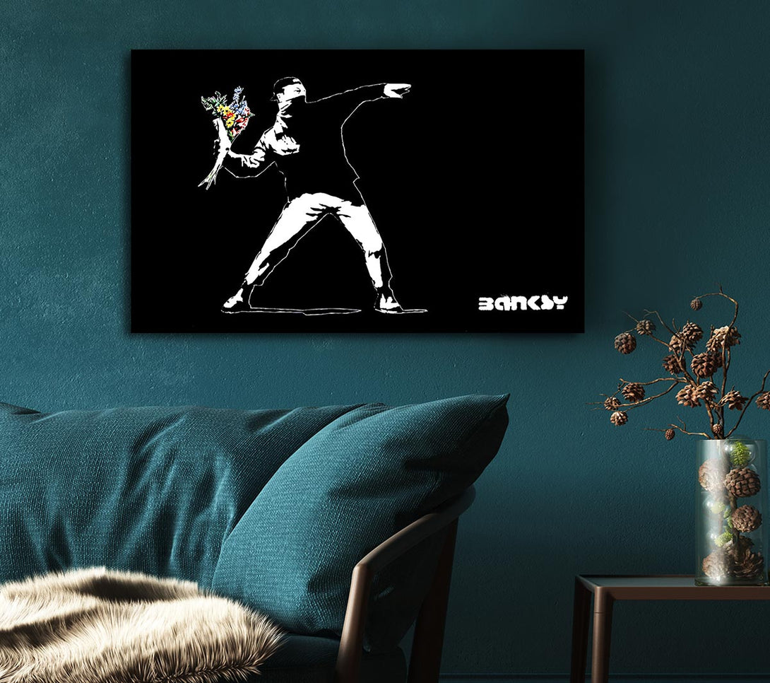  A Canvas Print of Banksy Flower Thrower Black Canvas Wall Art