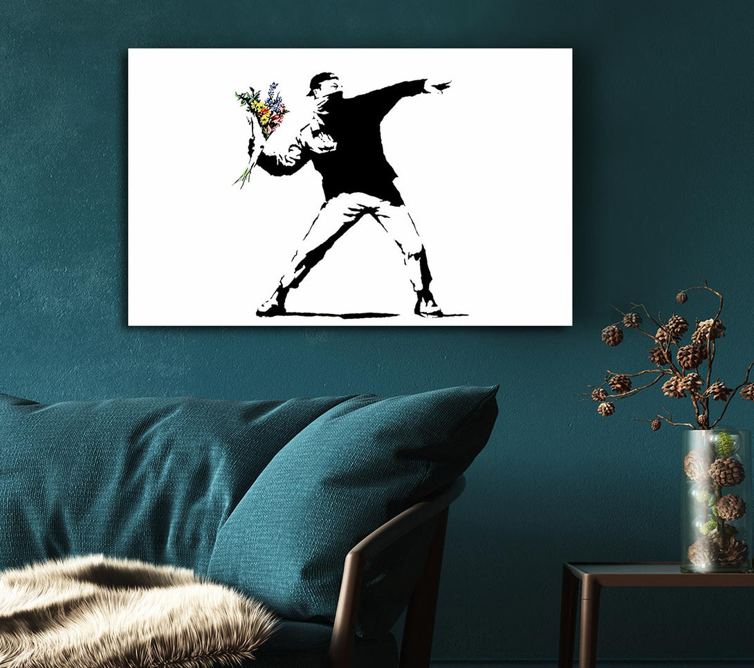  A Canvas Print of Banksy Flower Thrower White Canvas Wall Art