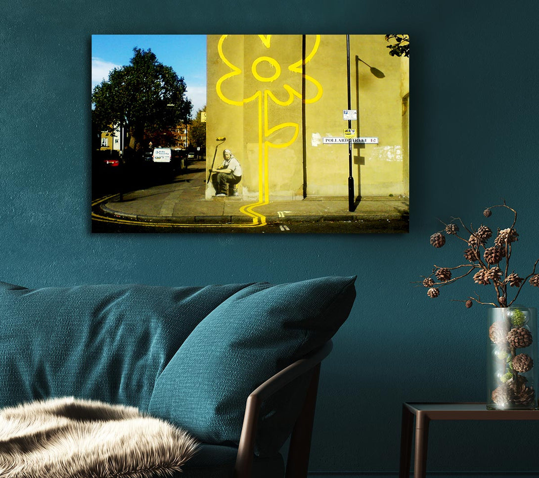  A Canvas Print of Banksy Yellow Flower Lines Canvas Art
