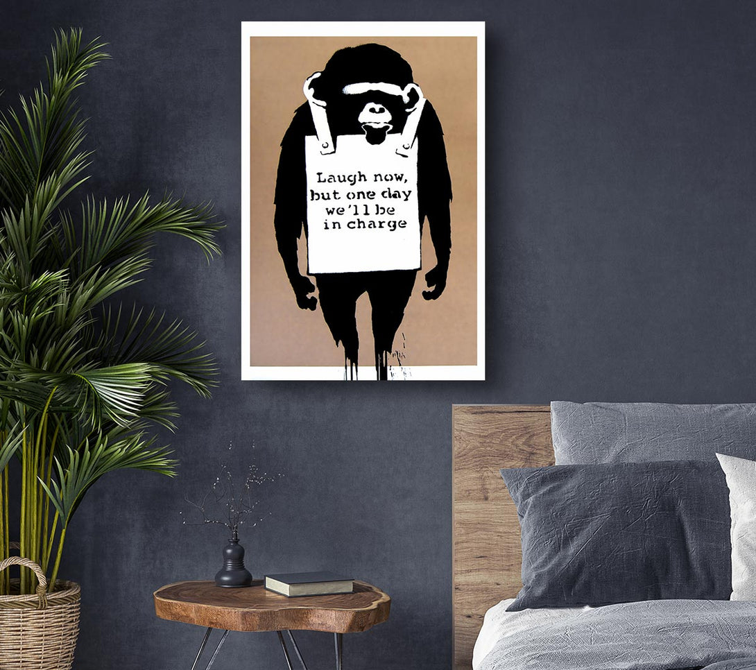  A Canvas Print of Banksy Laugh Now Monkey Beige Canvas Art