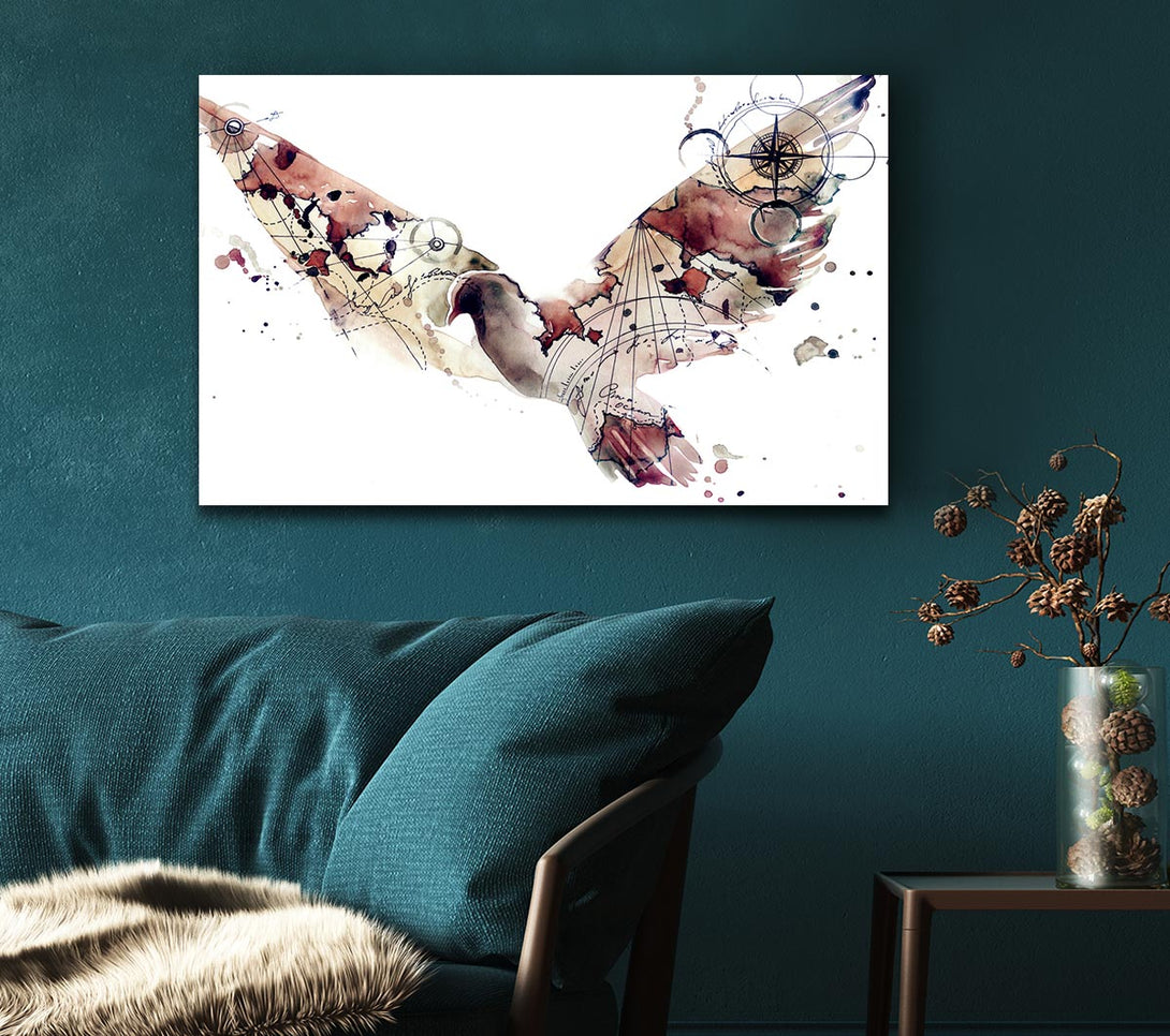  A Canvas Print of Dove in flight watercolour maps Canvas Art