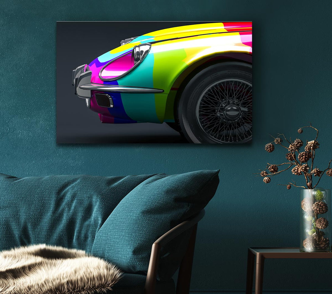  A Canvas Print of E type Jaguar rainbow stripes Canvas Wall Art