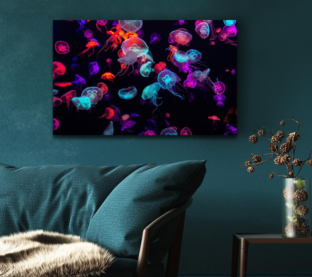  A Canvas Print of Neon Jellyfish frenzy Canvas Print