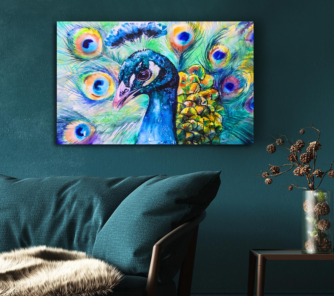  A Canvas Print of Vibrant Watercolour Peacock Canvas Print
