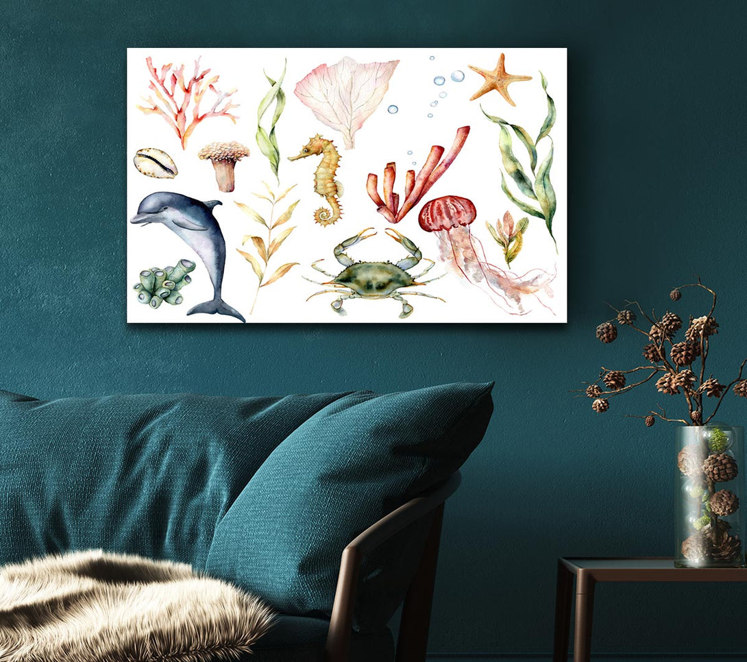  A Canvas Print of Water Colour Sea Creatures Canvas Wall Art