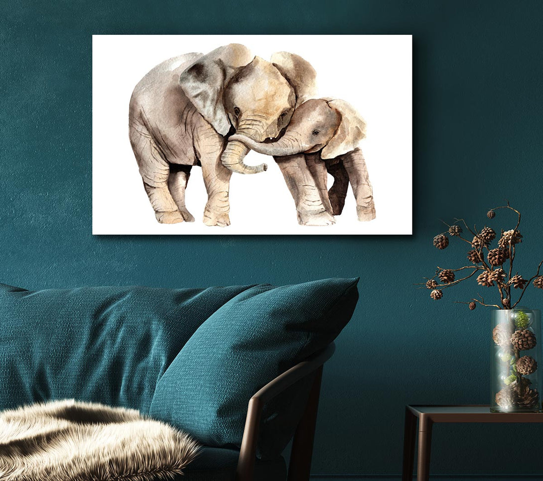  A Canvas Print of Elephants Holding Trunks Canvas Print