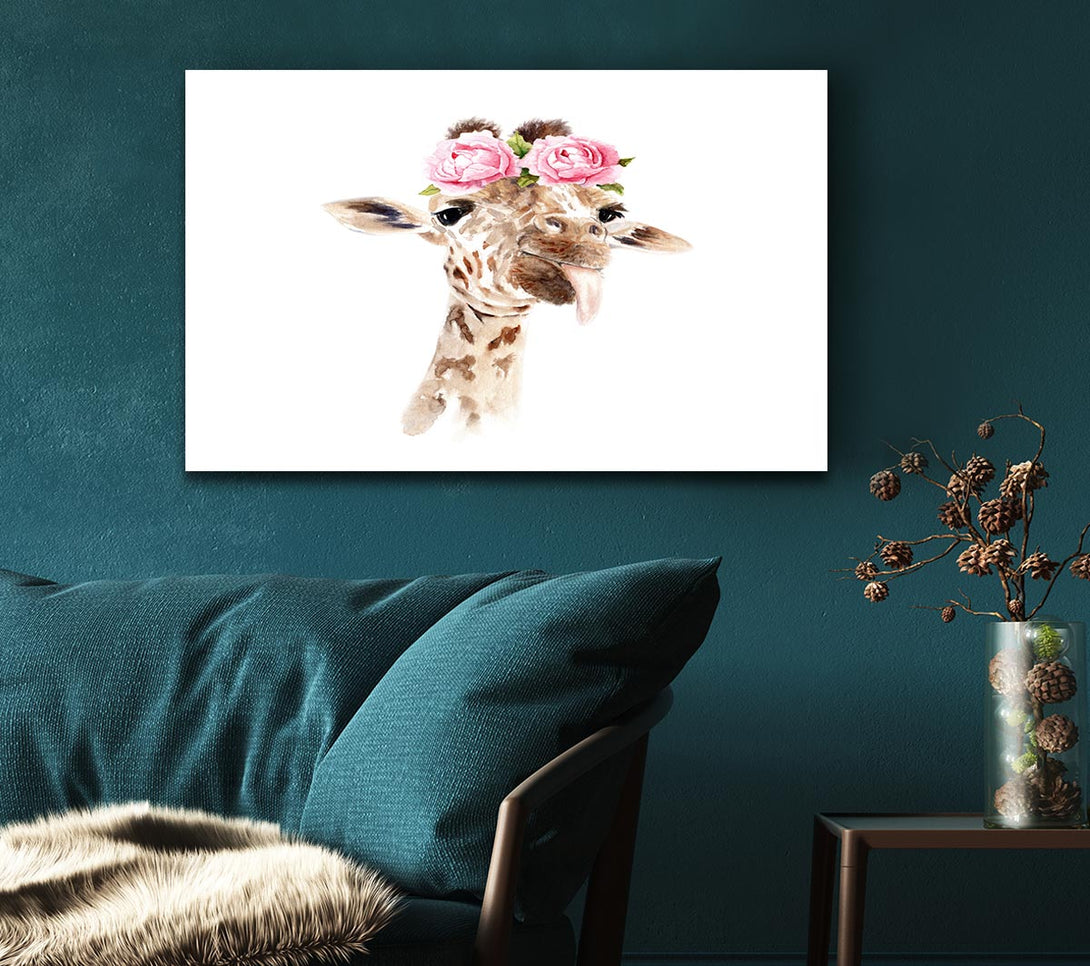  A Canvas Print of Roses On A Giraffe'S Head Canvas Print