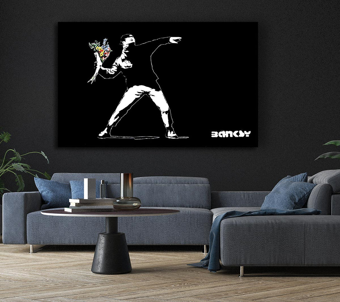  A Canvas Print of Banksy Flower Thrower Black Canvas Wall Art