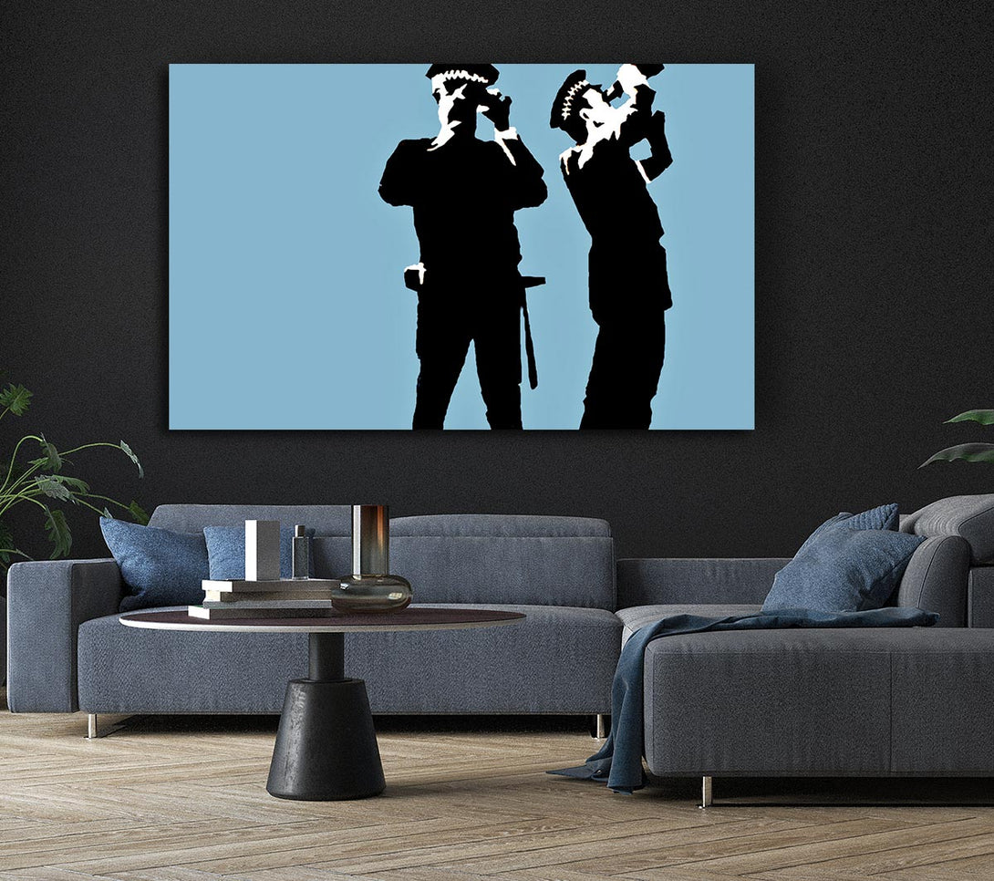  A Canvas Print of Banksy Searching Constables Blue Canvas Wall Art