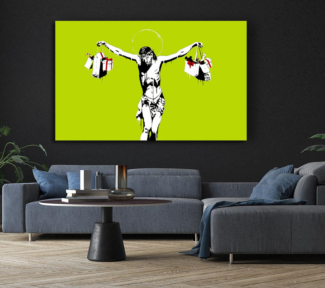  A Canvas Print of Banksy Thank Christ For Shopping Lime Canvas Print