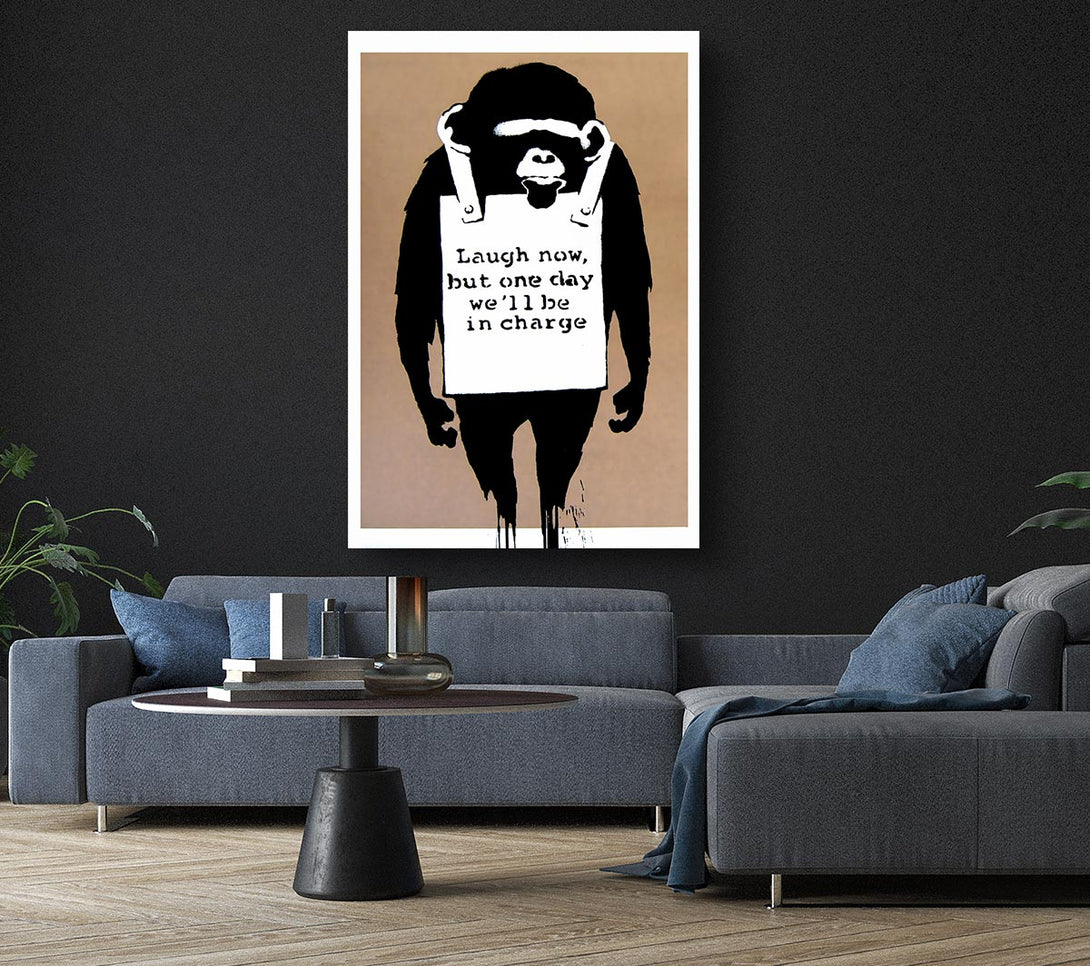  A Canvas Print of Banksy Laugh Now Monkey Beige Canvas Art