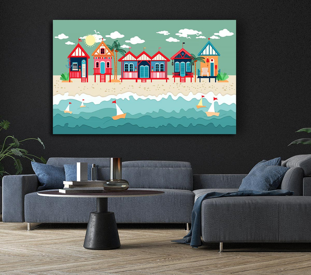 A Canvas Print of Beach Huts And Sailboats Canvas Wall Art
