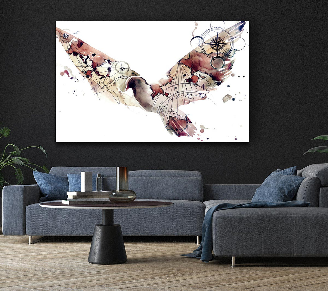  A Canvas Print of Dove in flight watercolour maps Canvas Art