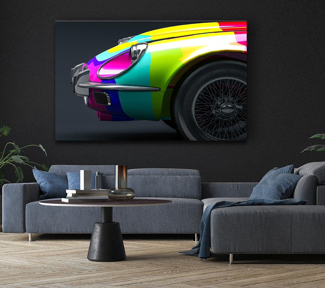  A Canvas Print of E type Jaguar rainbow stripes Canvas Wall Art