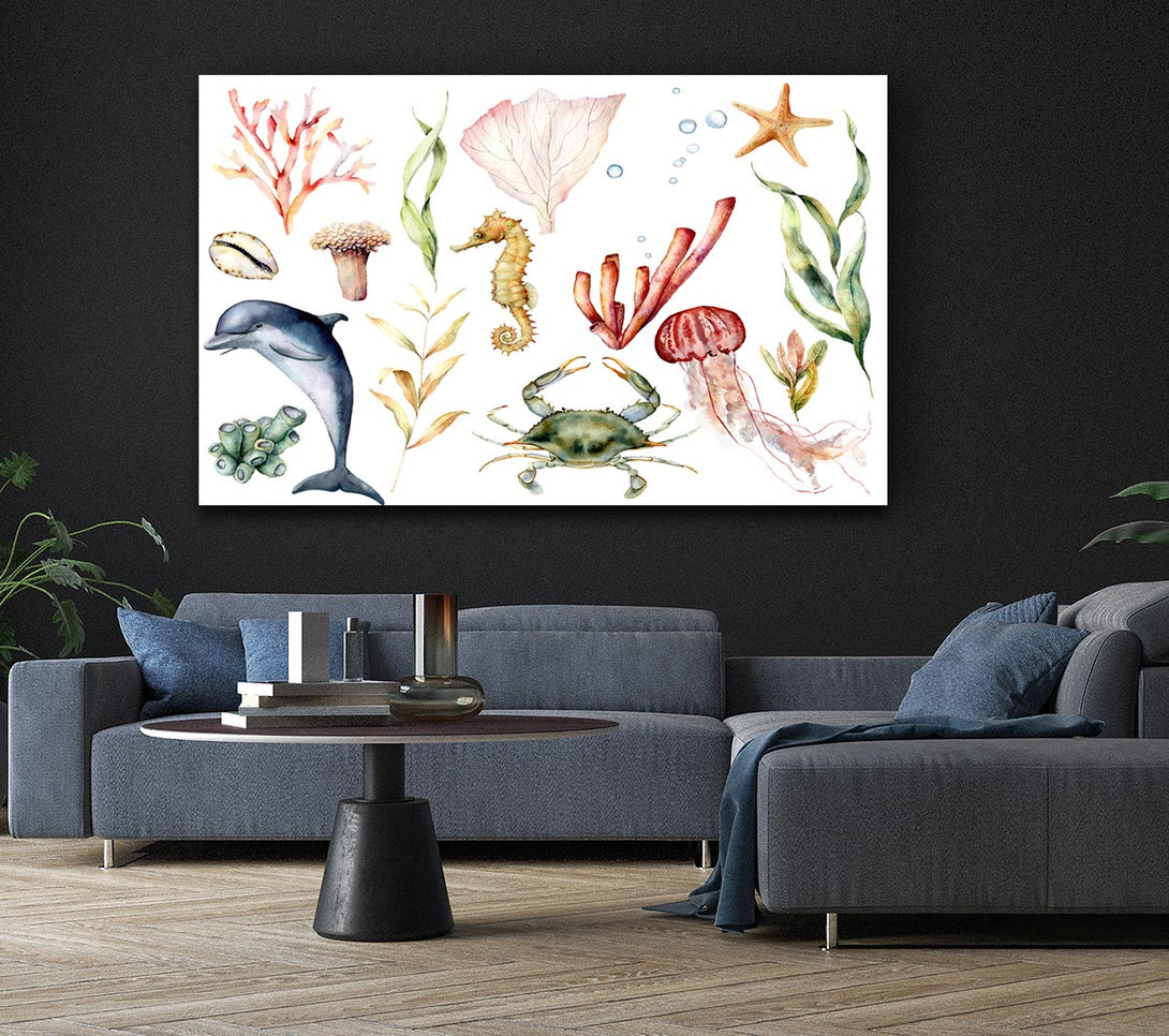  A Canvas Print of Water Colour Sea Creatures Canvas Wall Art