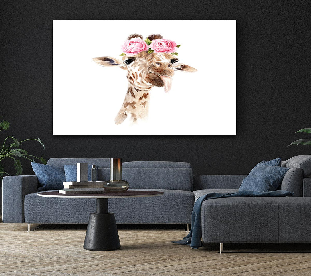  A Canvas Print of Roses On A Giraffe'S Head Canvas Print